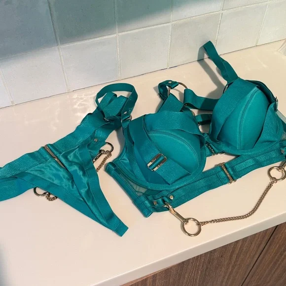 Honey Birdette KUKURO💚 Jade Green 2 Piece Set 32DD Harness Bra + Panty XS